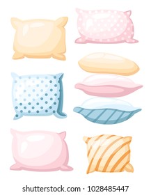 Sleep and rest symbol accessories for night rest pillows of pastel colors with a print striped and dotted in different angles icon in cartoon style isolated on white background.