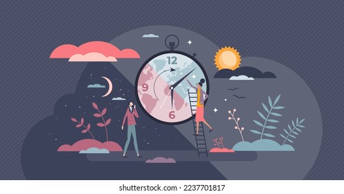 Rutina de sueño y horario de ritmo circadiano para el concepto de persona pequeña a la hora de acostarse. Regulación diaria de relajación con ilustraciones vectoriales de estadios diurnos y nocturnos. Círculo del reloj para el bienestar de la salud corporal.