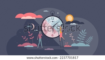 Sleep routine and Circadian rhythm schedule for bedtime tiny person concept. Daily relaxation regulation with day and night stages vector illustration. Time clock circle for body health wellness.