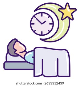 Sleep Routine icon represented by man sleeping, watch Lineal Color style.