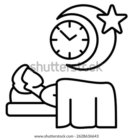 Sleep Routine icon represented by man sleeping, watch Line style.