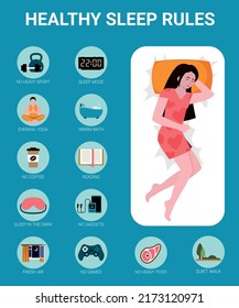 Sleep rules. bad sliping time rules for healthy night insomnia concept vector icons