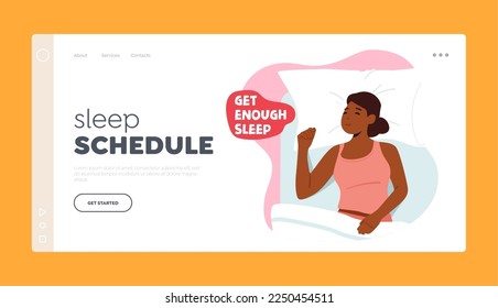 Sleep Schedule Landing Page Template. Night Relaxation, Leisure, Healthy Lifestyle and Wellness Concept with Relaxed Female Character Sleeping in Bed Top View. Cartoon People Vector Illustration