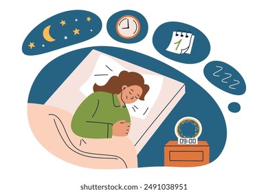 Ilustración vectorial del horario de sueño, concepto de rutina a la hora de dormir. Mujer durmiendo en la cama con despertador, escena de dormitorio acogedor. Rutina diaria, higiene del sueño y concepto de bienestar. Luna y estrellas en el cielo nocturno