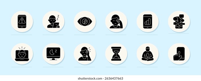 Sleep and screen set icon. Phone use, fatigue, eye strain, headache, chat overload, tired face, late screen time, time lost, meditation, touchscreen.