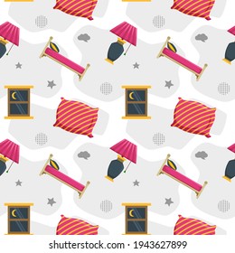 Sleep Seamless Pattern with Bed, Night Lamp, Pillow, and House Window.
