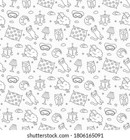 Sleep seamless pattern in doodle style. Good night symbols - moon, lamp, sleeping cat, pillow and more. Hand drawn vector illustration