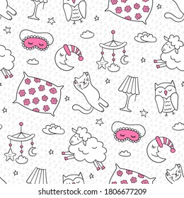 Sleep seamless pattern in doodle style. Good night symbols - moon, lamp, sleeping cat, pillow and more. Hand drawn vector illustration