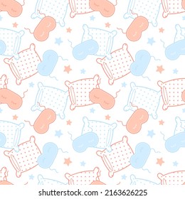 Sleep Seamless Pattern. Red And Blue Pillows, Eye Patches And Stars On A Light White Background. Night, Dream. Vector Illustration