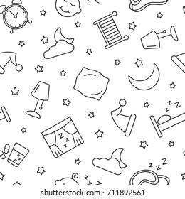 Sleep seamless pattern. Tiling textures with thin line black and white icon set