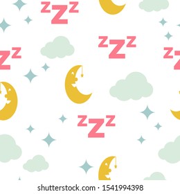 Sleep seamless pattern in white background with moon clouds and stars