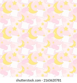 Patrón sin problemas de sueño. almohada blanca, luna, estrellas, parche para los ojos sobre un fondo de nubes rosa claro. Noche, sueño. Ilustración del vector