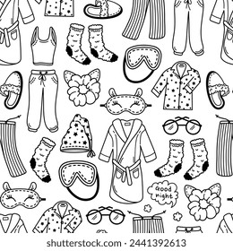 Sleep seamless vector pattern. Clothes for napping - star pajamas, bathrobe, sleep mask, night cap, slippers, warm socks, soft pants. Bedtime, home accessories for dream. Hand drawn doodle background