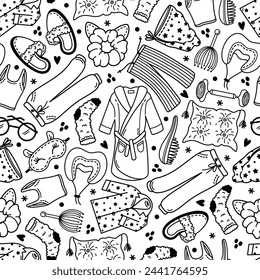 Sleep seamless vector pattern. Clothes, accessories for dream - pajamas, bathrobe, pillow, sleep mask, comb, massager. Bedtime, napping items. Self-care night routine. Hand drawn doodle background