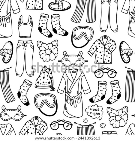 Sleep seamless vector pattern. Clothes for napping - star pajamas, bathrobe, sleep mask, night cap, slippers, warm socks, soft pants. Bedtime, home accessories for dream. Hand drawn doodle background