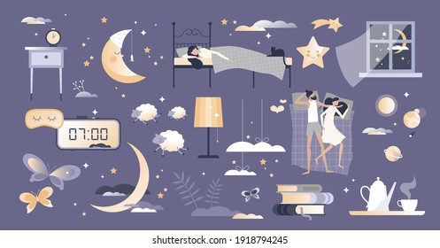 Sleep set with bedroom and sweet dreams elements collection tiny persons concept. Isolated night resting objects vector illustration. Bed with comfy blanket and pillows for tired couple relaxation.