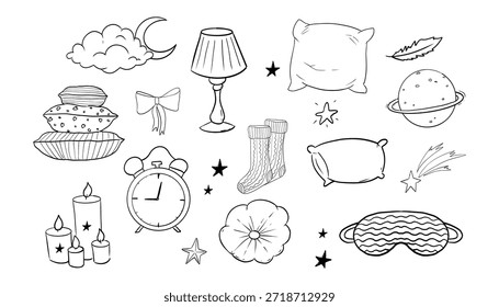 Sleep set cute hand drawn night symbols doodle. Pillow line bedroom relax, sleeping mask, stars and moon. Warm cozy clothes, socks. Sleepy mood, 