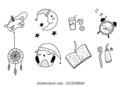 Sleep set in doodle sketch style. Good night symbols - moon, dreamcatcher, owl, book, milk, clock. Hand drawn vector sleeping illustration on white background