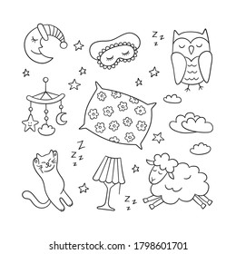 Sleep set in doodle style. Good night symbols - moon, lamp, sleeping cat, pillow and more. Hand drawn vector illustration on white background