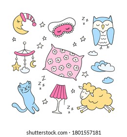 Sleep set in doodle style. Good night symbols - moon, lamp, sleeping cat, pillow and more. Hand drawn vector illustration on white background