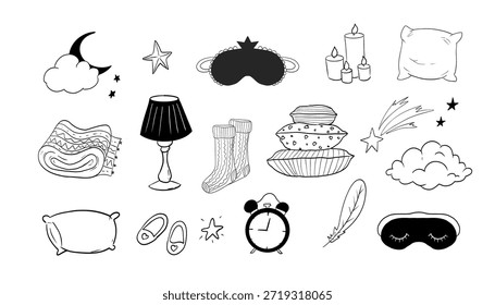 Sono definir mão desenhado noite símbolos rabiscar. Almofada quarto relaxe, máscara de dormir, estrelas e lua. Roupas quentes e acolhedoras, meias. Humor sonolento, 
