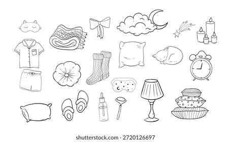 Sono definir mão desenhado noite símbolos rabiscar. Almofada quarto relaxe, máscara de dormir, estrelas e lua. Roupas quentes e acolhedoras, meias. Humor sonolento, 