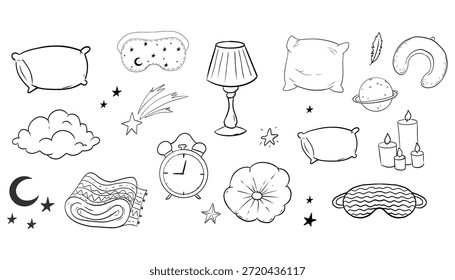Sleep set hand drawn night symbols doodle. Pillow line bedroom relax, sleeping mask, stars and moon. Warm cozy clothes, socks. Sleepy mood, 