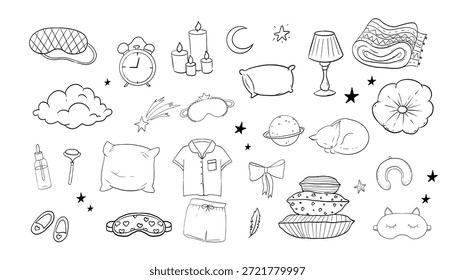 Sono definir mão desenhado noite símbolos rabiscar. Almofada quarto relaxe, máscara de dormir, estrelas e lua. Roupas quentes e acolhedoras, meias. Humor sonolento, 