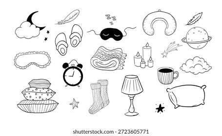 Sono definir mão desenhado noite símbolos rabiscar. Almofada quarto relaxe, máscara de dormir, estrelas e lua. Roupas quentes e acolhedoras, meias. Humor sonolento, 