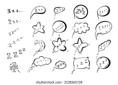 Sleep set in sketch cartoon style. Night doodle symbols pillow, moon, cloud, star, zzz text. Comic icons vector illustration isolated on white background