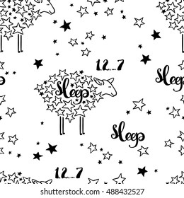 Sleep. Sheep and stars. Seamless vector pattern (background).