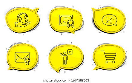 Sleep sign. Diploma certificate, save planet chat bubbles. Agent, Market sale and Verified mail line icons set. Business person, Customer buying, Confirmed e-mail. Zzz bubble. Technology set. Vector