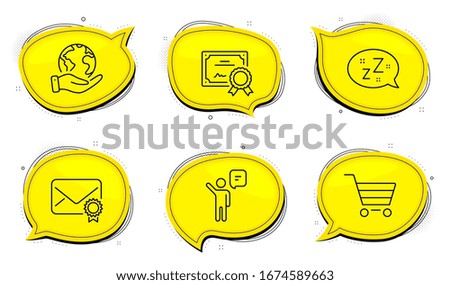 Sleep sign. Diploma certificate, save planet chat bubbles. Agent, Market sale and Verified mail line icons set. Business person, Customer buying, Confirmed e-mail. Zzz bubble. Technology set. Vector