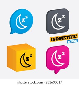 Sleep sign icon. Moon with zzz button. Standby. Isometric speech bubbles and cube. Rotated icons with edges. Vector