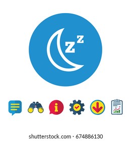 Sleep sign icon. Moon with zzz button. Standby. Information, Report and Speech bubble signs. Binoculars, Service and Download icons. Vector