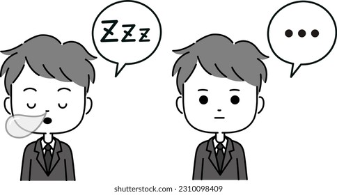 Sleep and silence expression illustration of a man in a suit with a speech bubble Monochrome