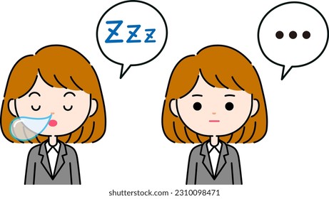 Sleep and silence expression illustration of a woman in a suit with a speech bubble