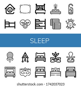sleep simple icons set. Contains such icons as Laugh room, Bed, Pillow, Pacifier, Bunk bed, Mattress, Do not disturb, Sleeping, Dreamcatcher, can be used for web, mobile and logo