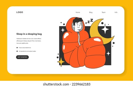 Sleep in a sleeping bag in emergency situation. Energy crisis, how to live in conditions of limited energy resources. Electricity, heating and gas turning off. Flat vector illustration