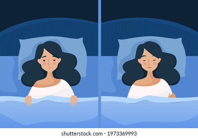 Sleep and sleepless girl with insomnia. Woman in bed with open eyes in darkness night room. Flat cartoon style vector illustration. 