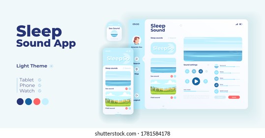 Sleep-Sound-App-Bildschirm Vektorgrafik-Design-Vorlage. Die Lightmode-Schnittstelle für die Applikation mit flachen Illustrationen beruhigt Musik und entspannende Sounds. Smartphone, Tablet, Smartwatch-Cartoon-Benutzeroberfläche