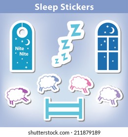 Sleep Stickers: count sheep jump a fence, starry night, window, moon, stars, door hanger for a good nights dreams,  Zzz. EPS8 compatible.