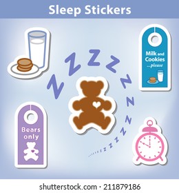 Sleep Stickers: Teddy bear with a big heart, milk, cookies, alarm clock, door hangers for a good night dreaming in spiral Zzz. EPS8 compatible.