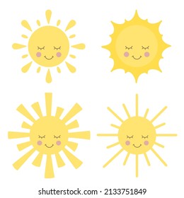 Sleep Sun Flat Icons Set Isolated Vector Clipart. Nighttime Space Drawing. Sunny Day