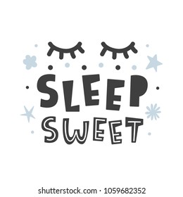 Duerme dulce. Afiche infantil de estilo escandinavo con letras dibujadas a mano para la guardería, ropa infantil imprimible, postal, invitación a la ducha de bebé. Blanco y negro. Ilustración vectorial