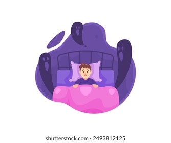 sleep terror disorder concept. sleep disorder that causes hallucinations and fear. illustration of a man who can't sleep because he feels watched and terrorized. flat style design. graphic elements