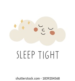 Duerme bien. Nube linda. Ilustración dibujada a mano para tarjeta de saludo, textil, vivero.