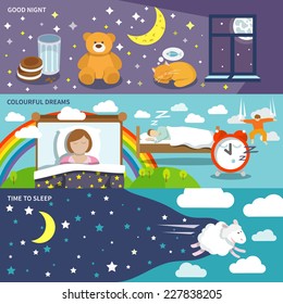 Sleep time banners set with good night colourful dreams isolated vector illustration