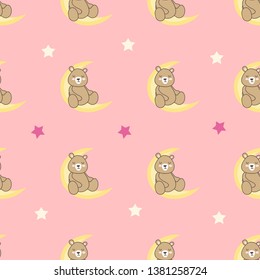 Sleep time bear sitting on moon seamless pattern