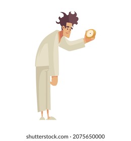 Sleep time composition with character of sleepy man holding alarm clock in hand flat isolated vector illustration